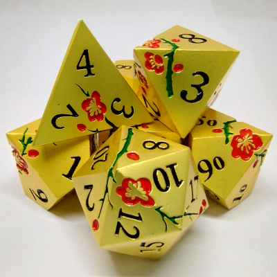 Dés fleurs de prunier - or avec fleurs rouges dans une boîte en métal