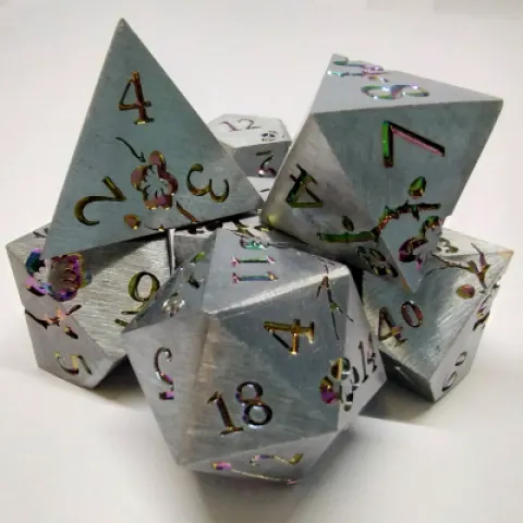 Dés fleurs de prunier - argent brossé avec fleurs arc-en-ciel dans une boîte en métal