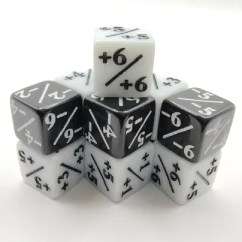 Kit de 12 dés modificateurs positif et négatif 16mm - noir et blanc