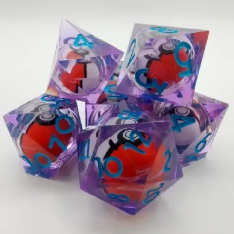 Kit de dés Poké-ball: mauve avec chiffres bleues dans une bouteille avec couvercle dévisable