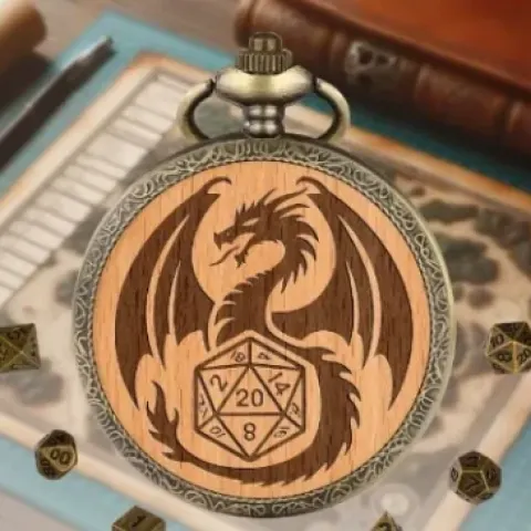 Porte-dés en métal avec mini-kit polyédrique: dragon sur bois clair avec pochette en suédine noire