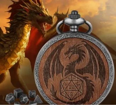 Porte-dés en métal avec mini-kit polyédrique: dragon sur bois foncé avec pochette en suédine noire