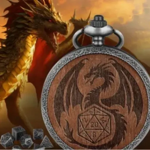 Porte-dés en métal avec mini-kit polyédrique: dragon sur bois foncé avec pochette en suédine noire