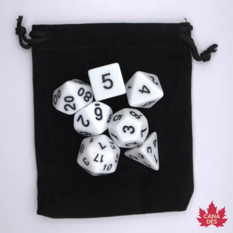 Kit de dés opaques: blanc avec pochette en suédine noire