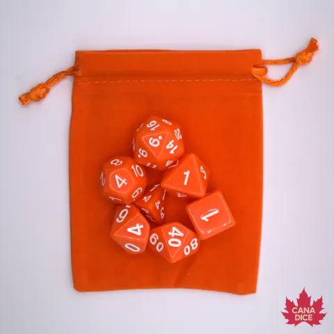 Opaque Dice Kit: orange with matching suedecloth pouch