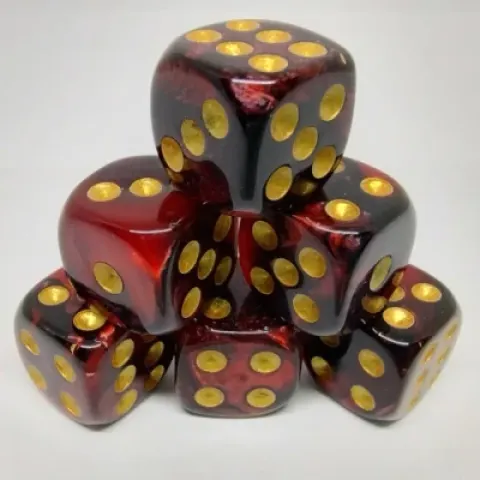 Kit de 30 d6 12mm dans une bouteille avec couvercle dévisable - rouge & noir avec picots dorés