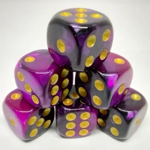 Kit de 30 d6 12mm dans une bouteille avec couvercle dévisable - mauve & noir avec picots dorés