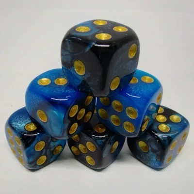 Kit de 30 d6 12mm dans une bouteille avec couvercle dévisable - bleu & noir avec picots dorés