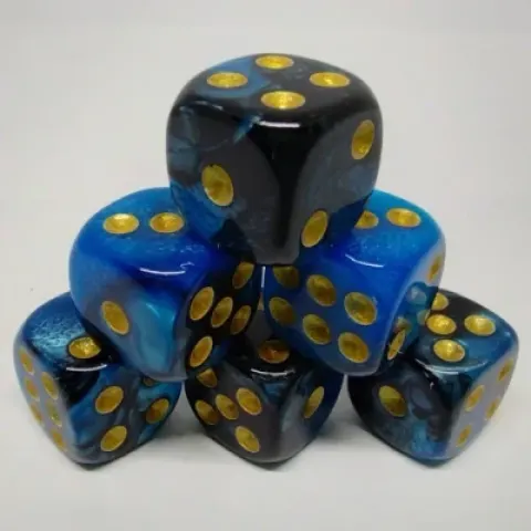 Kit de 30 d6 12mm dans une bouteille avec couvercle dévisable - bleu & noir avec picots dorés