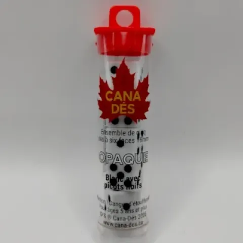 Tube de 5 dés à six faces 16mm - blanc avec picots noirs