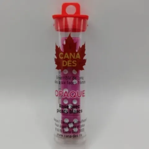 Tube de 5 dés à six faces 16mm - rose avec picots noirs
