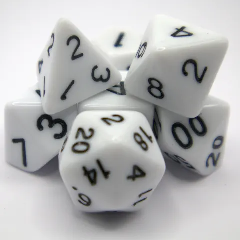 Kit de dés polyédriques – opaque – blanc avec chiffres noirs