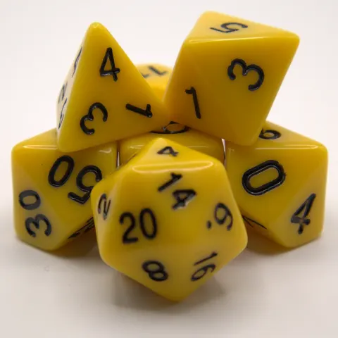 Kit de dés polyédriques – opaque – jaune avec chiffres noirs