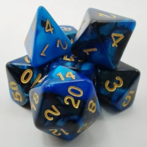 Kit de dés polyédriques – éclipse – noir et bleu avec chiffres dorés