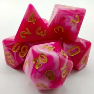 Kit de dés polyédriques – éclipse – rose et fuchsia avec chiffres dorés