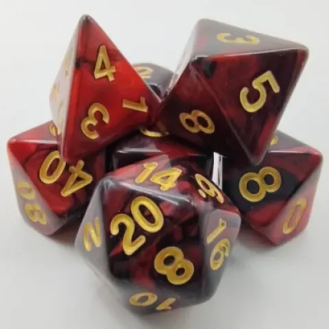Kit de dés polyédriques – éclipse – noir et rouge avec chiffres dorés