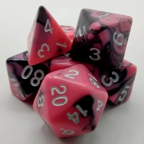 Kit de dés polyédriques – éclipse – noir et rose avec chiffres blancs