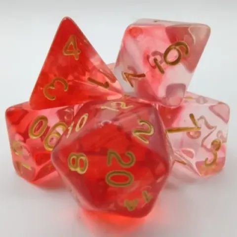 Kit de dés polyédriques – lumina – rouge translucide avec chiffres dorés