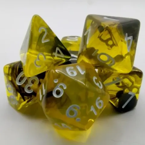 Kit de dés polyédriques – lumina – jaune et noir avec chiffres blancs