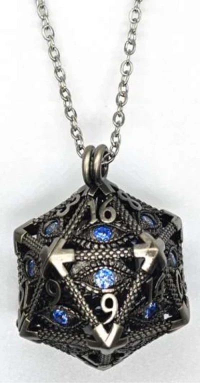 Pendentif d20 - oeil hypnotique - argent avec oeil bleu & mini-kit de dés polyédriques 6mm
