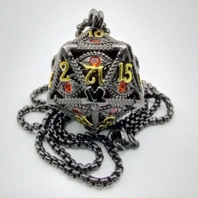 Pendentif d20 - oeil hypnotique - bronze à canon avec oeil rouge & mini-kit de dés polyédriques 6mm