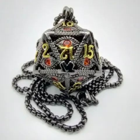 Pendentif d20 - oeil hypnotique - bronze à canon avec oeil rouge & mini-kit de dés polyédriques 6mm