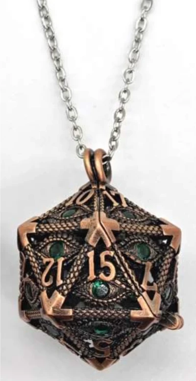 Pendentif d20 - oeil hypnotique - cuivre avec oeil vert & mini-kit de dés polyédriques 6mm