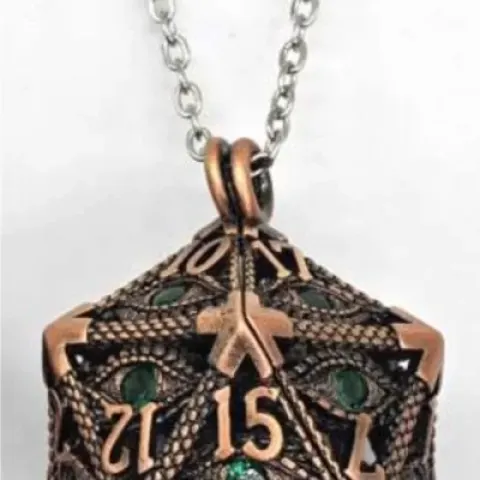 Pendentif d20 - oeil hypnotique - cuivre avec oeil vert & mini-kit de dés polyédriques 6mm