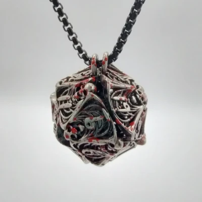 Pendentif d20 - spectres sinistres - argent ancien ensanglanté & mini-kit de dés polyédriques 6mm