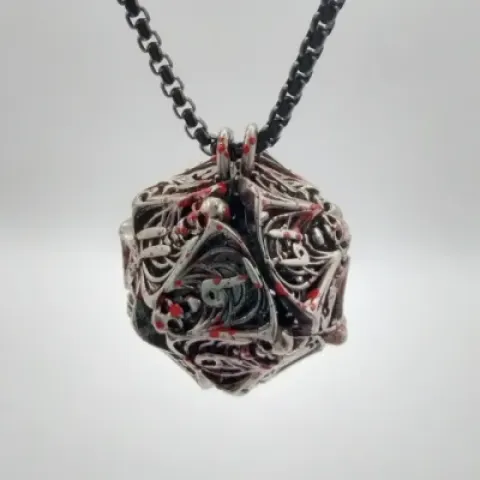 Pendentif d20 - spectres sinistres - argent ancien ensanglanté & mini-kit de dés polyédriques 6mm