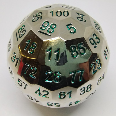 Dé à 100 faces en metal - argent avec chiffres vert dans une boîte en métal