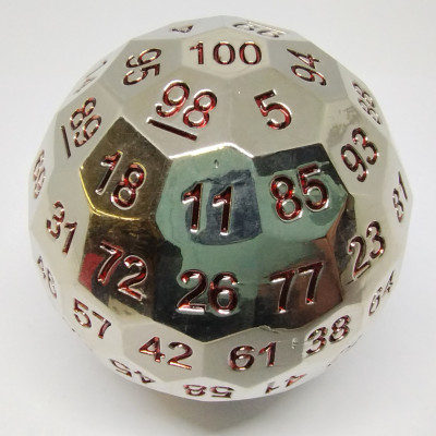 Dé à 100 faces en metal - argent avec chiffres rouges dans une boîte en métal