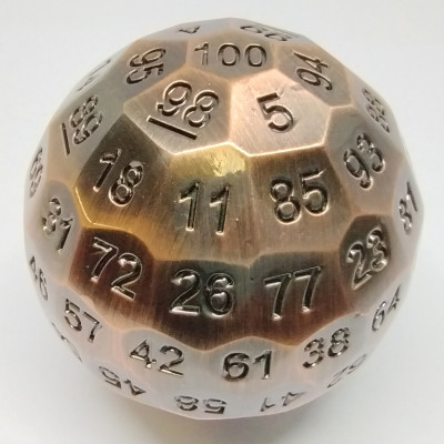 Dé à 100 faces en metal - cuivre antique avec chiffres noirs dans une boîte en métal