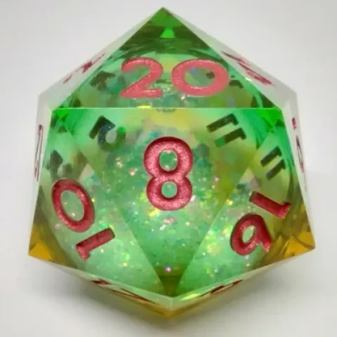 Gros d20 (33mm): Tourbillon de rêves - vert & jaune