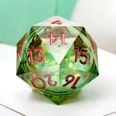 Gros d20 "Spindown" (33mm): Tourbillon de rêves - vert & jaune