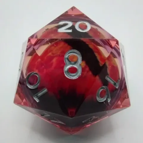 Jumbo d20 55mm "Liquid Core" avec DEL - oeil de dragon rouge dans une pochette en suédine