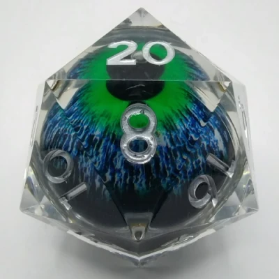 Jumbo d20 55mm "Liquid Core" avec DEL - oeil de démon bleu dans une pochette en suédine