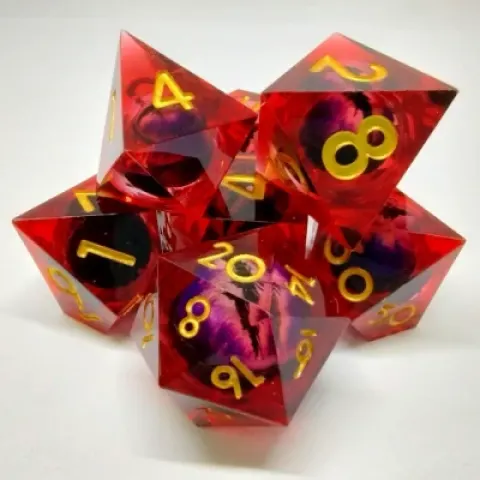 Kit de dés Oeil de Dragon - rouge dans une bouteille avec couvercle dévisable