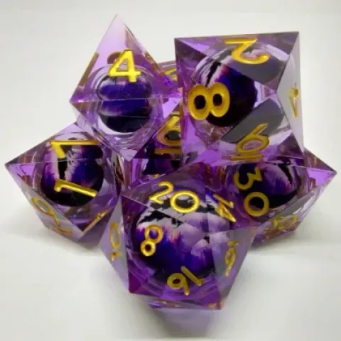 Kit de dés Oeil de Dragon - mauve dans une bouteille avec couvercle dévisable
