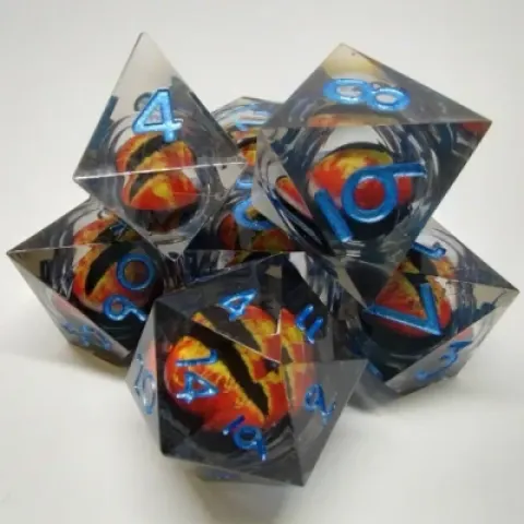Kit de dés "Liquid Core" Oeil de Dragon - fumée et orange dans une bouteille avec couvercle dévisable