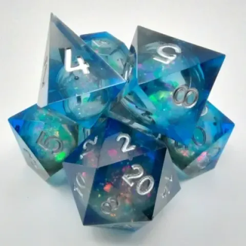 Kit de dés tourbillon de rêves - noir et bleu dans une bouteille avec couvercle dévisable