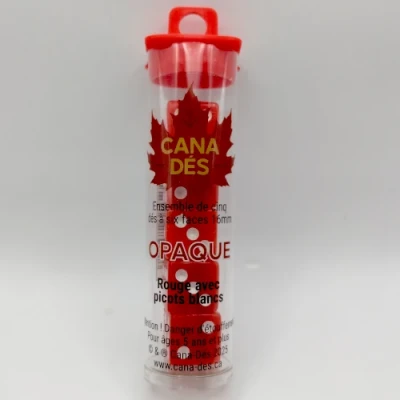 Tube de 5 dés à six faces 16mm - rouge avec picots blancs