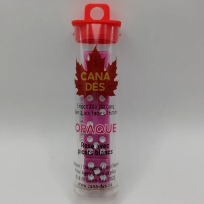 Tube de 5 dés à six faces 16mm - rose avec picots noirs