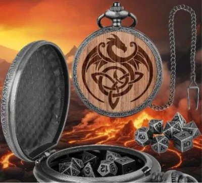 Porte-dés en métal avec mini-kit polyédrique: vouivre sur bois foncé avec pochette en suédine noire