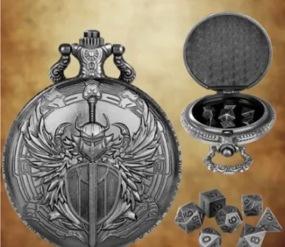 Porte-dés en métal avec mini-kit polyédrique: l'épée ailée argentée avec pochette en suédine noire
