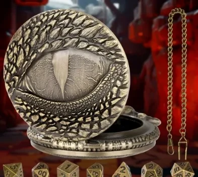 Porte-dés en métal avec mini-kit polyédrique: œil maudit doré avec pochette en suédine noire