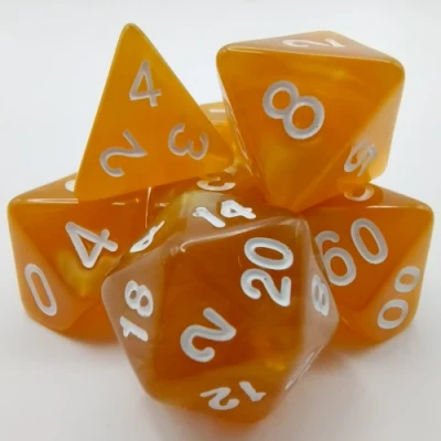 Kit de dés polyédriques – perlé – miel avec chiffres blancs
